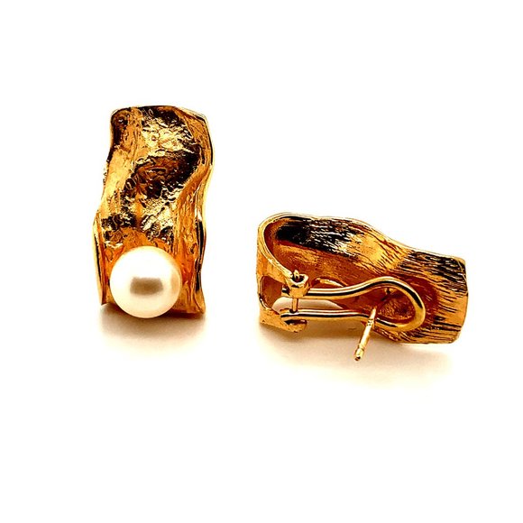 Gold Filled Pearl Omega Back Leaf Earrings - Picture 1 of 5